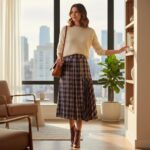 Asymmetrical Tartan Pleated Midi Skirt